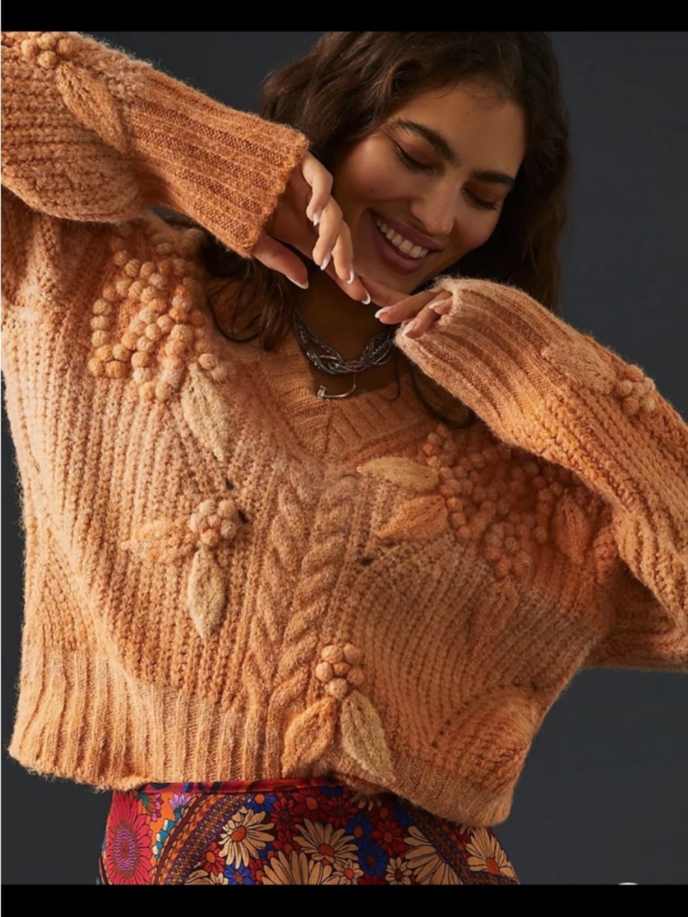 Anthropologie Peach V-Neck Chunky Knit Sweater with Bobble & Leaf Stitch